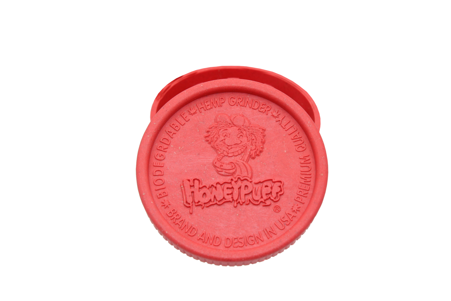 open top view of the Honeypuff 56mm Biodegradable red hemp grinder. A eco friendly grinder that is durable while being compact for everyday use. 
