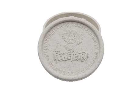 top view of the Honeypuff 56mm Biodegradable white hemp grinder. A eco friendly grinder that is durable while being compact for everyday use. 