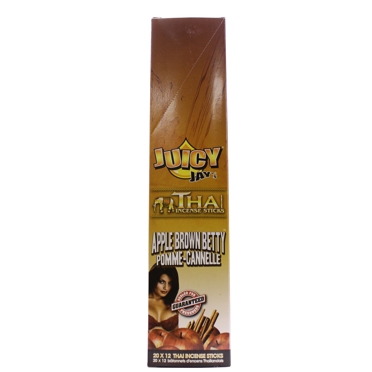 front view of the Juicy Jays apple brown betty incense sticks, made with genuine Thai techniques and with generous stick count.