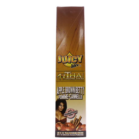 front view of the Juicy Jays apple brown betty incense sticks, made with genuine Thai techniques and with generous stick count.