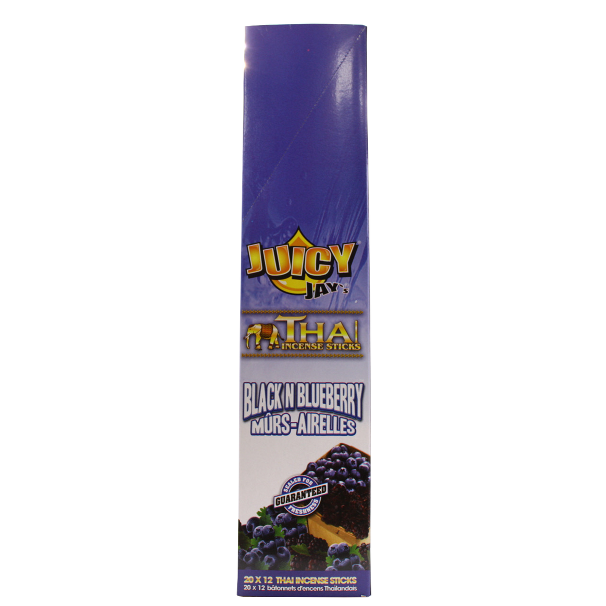 front view of the Juicy Jays black n' blueberry incense sticks, made with genuine Thai techniques and with generous stick count.