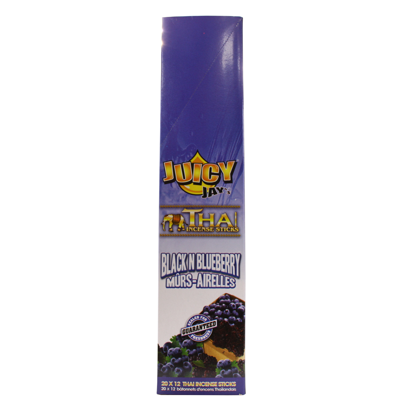 front view of the Juicy Jays black n' blueberry incense sticks, made with genuine Thai techniques and with generous stick count.