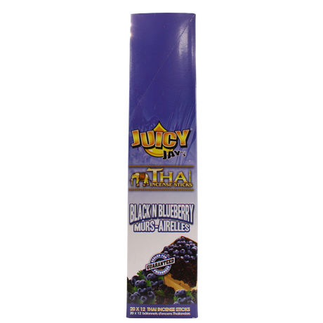 front view of the Juicy Jays black n' blueberry incense sticks, made with genuine Thai techniques and with generous stick count.