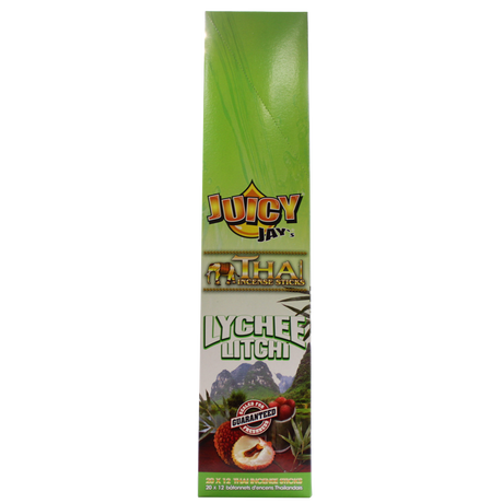 front view of the Juicy Jays lychee incense sticks, made with genuine Thai techniques and with generous stick count.
