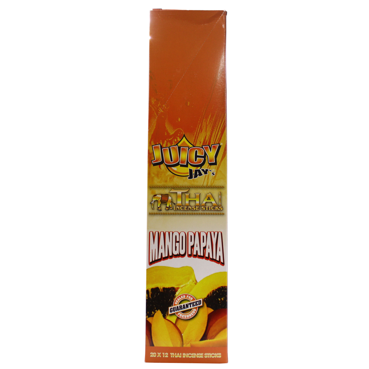 front view of the Juicy Jays mango papaya incense sticks, made with genuine Thai techniques and with generous stick count.