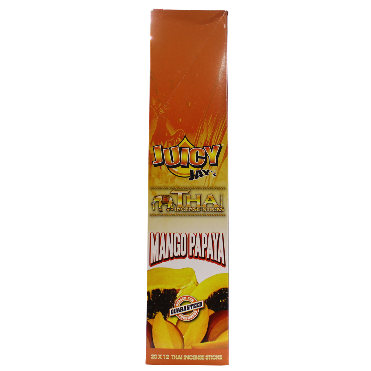 front view of the Juicy Jays mango papaya incense sticks, made with genuine Thai techniques and with generous stick count.