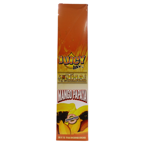 front view of the Juicy Jays mango papaya incense sticks, made with genuine Thai techniques and with generous stick count.