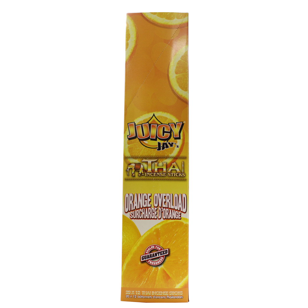 front view of the Juicy Jays orange overload incense sticks, made with genuine Thai techniques and with generous stick count.