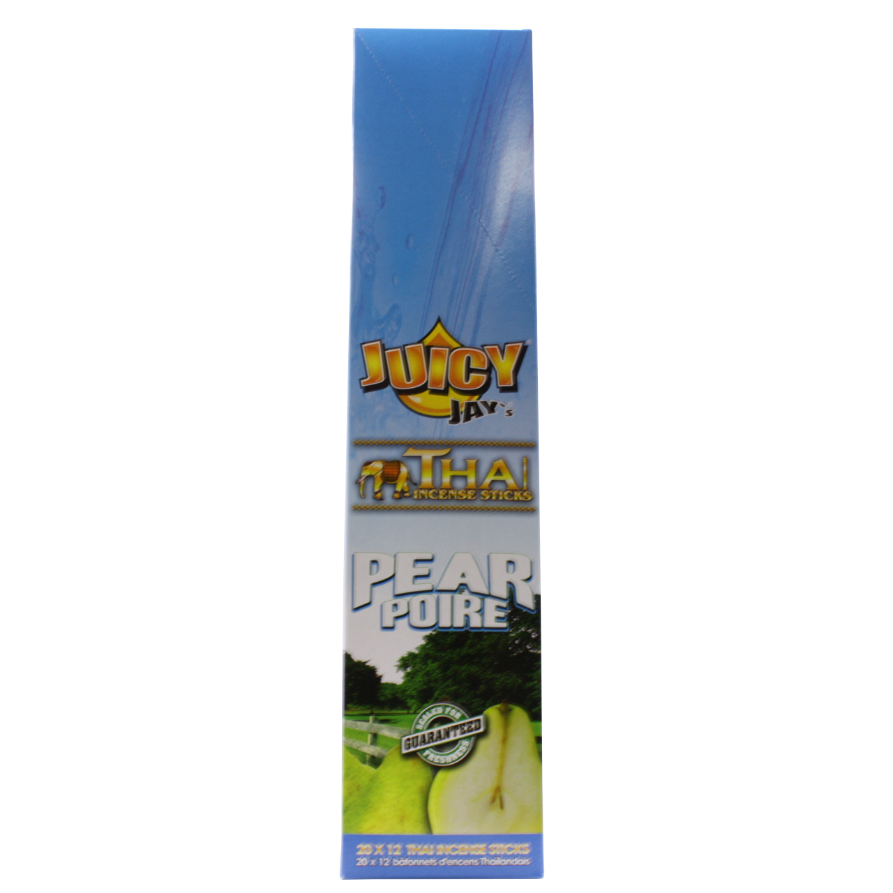 front view of the Juicy Jays pear incense sticks, made with genuine Thai techniques and with generous stick count.