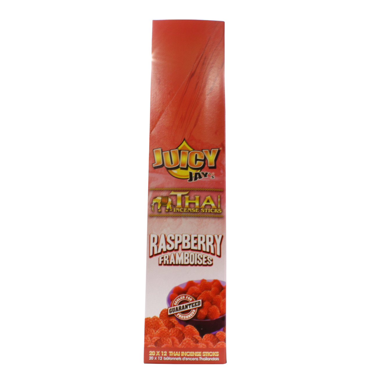 front view of the Juicy Jays raspberry incense sticks, made with genuine Thai techniques and with generous stick count.