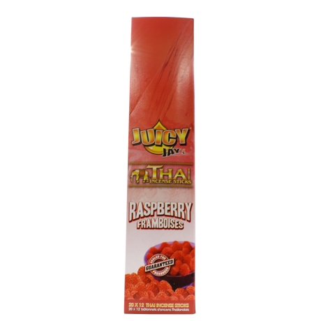 front view of the Juicy Jays raspberry incense sticks, made with genuine Thai techniques and with generous stick count.