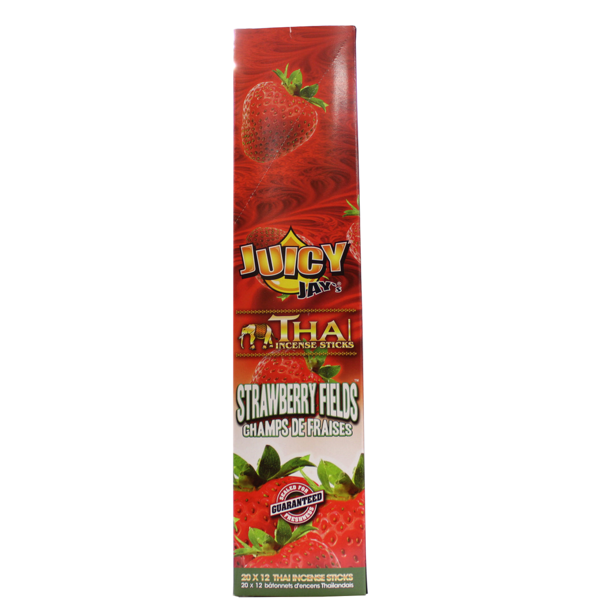 front view of the Juicy Jays strawberry fields incense sticks, made with genuine Thai techniques and with generous stick count.