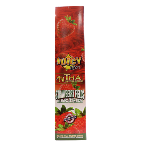 front view of the Juicy Jays strawberry fields incense sticks, made with genuine Thai techniques and with generous stick count.