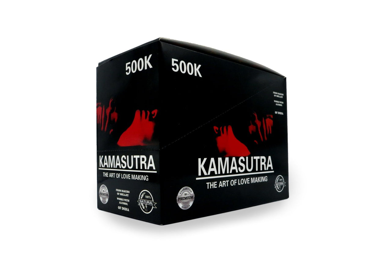 front view of the Kamasutra 500K display box. A potent male supplement product.