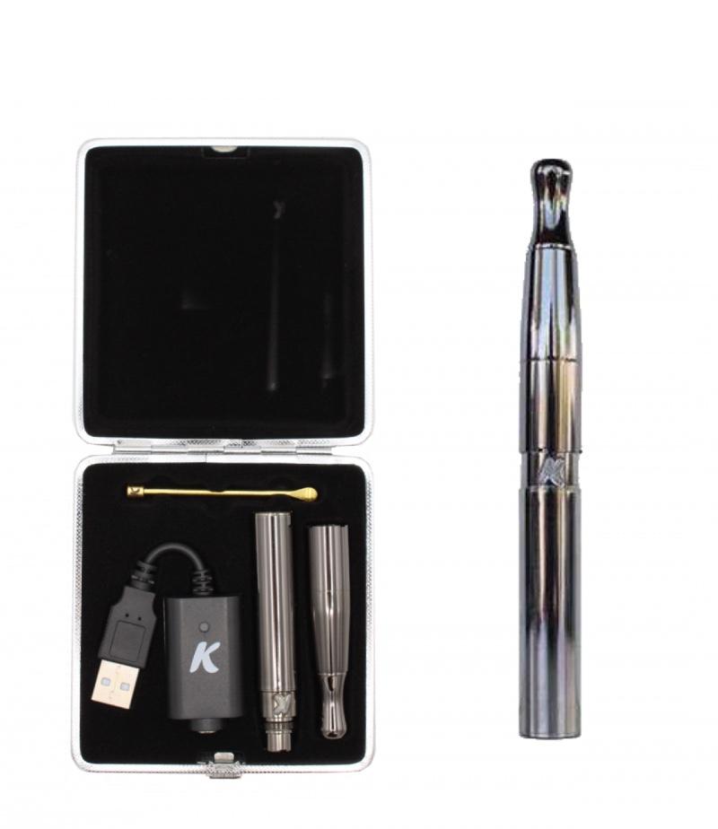 front view of the KandyPens Galaxy wax vape pen in a black silver and the contents of the storage case. A high quality and sleek product with a elevated airflow system.