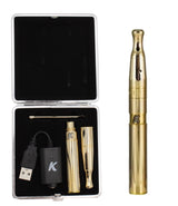 front view of the KandyPens Galaxy wax vape pen in gold and the contents of the storage case. A high quality and sleek product with a elevated airflow system.