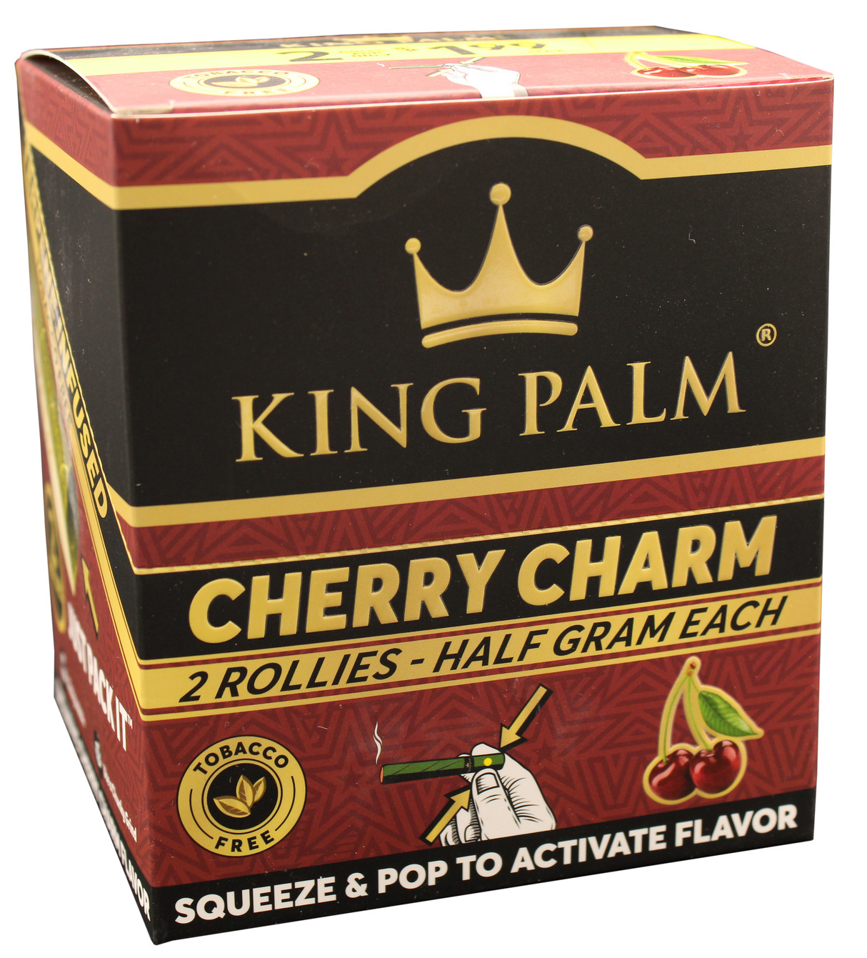 front view of the Kingpalm Cherry charm display box. made from natural palm leaves for natural and slow burn and juicy terpenes activator made for increased flavor.
