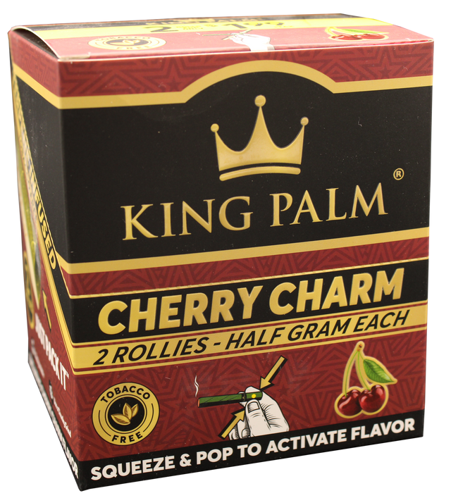 front view of the Kingpalm Cherry charm display box. made from natural palm leaves for natural and slow burn and juicy terpenes activator made for increased flavor.