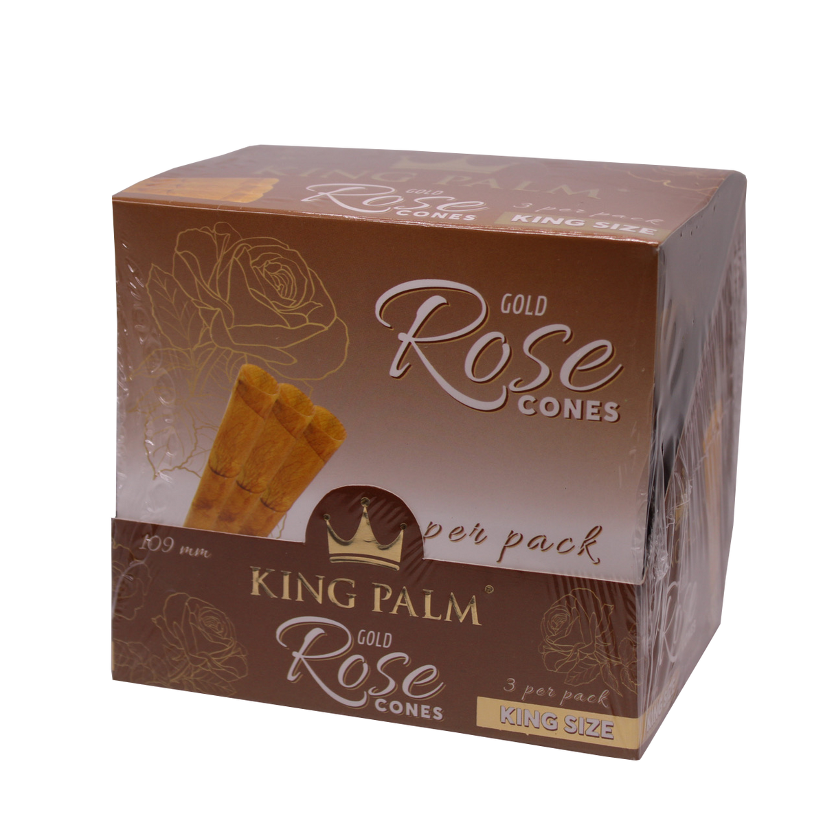 front view of the king palm rose gold cones. Using rose petals cleaned with purified water each smoke gives a sweet natural flavor.