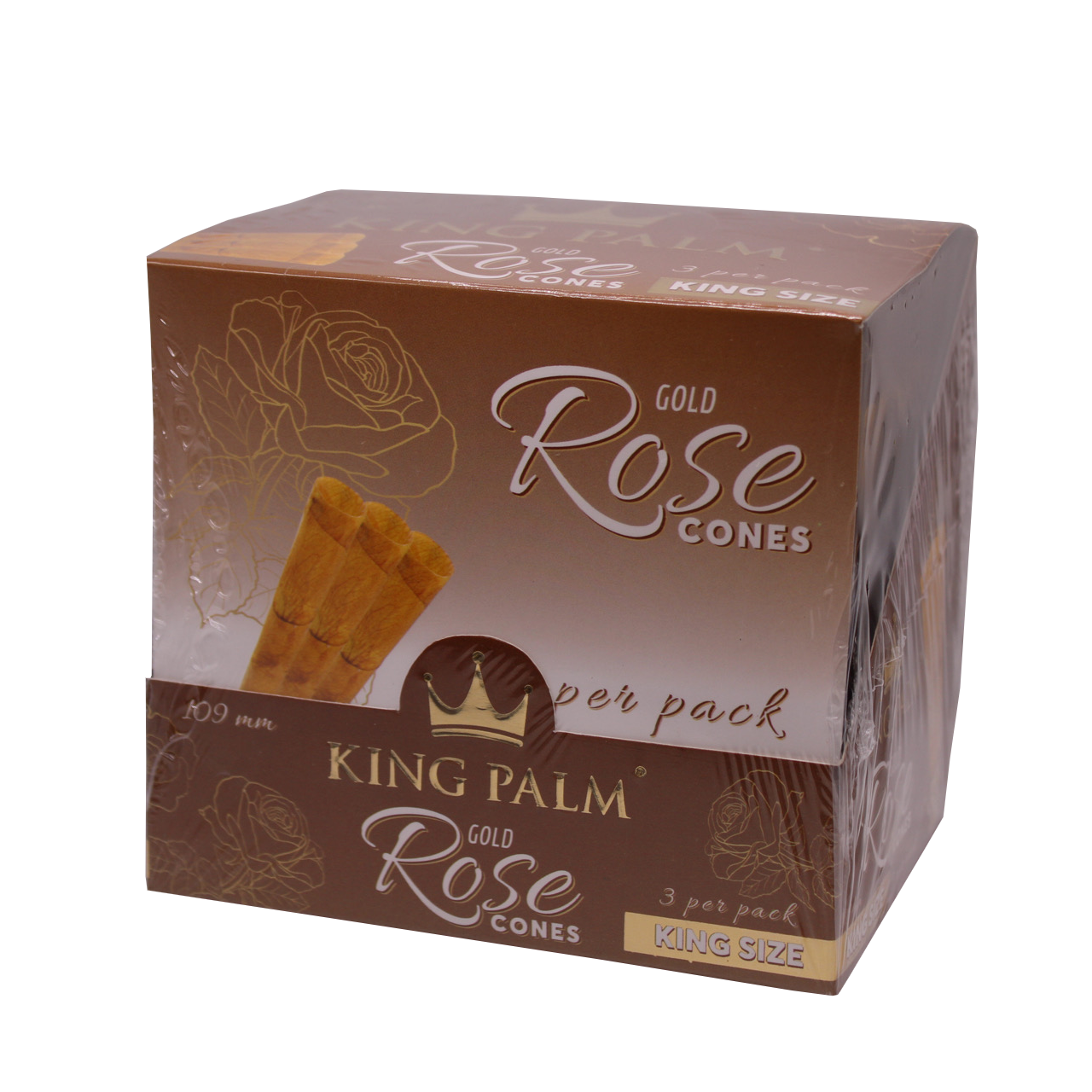 front view of the king palm rose gold cones. Using rose petals cleaned with purified water each smoke gives a sweet natural flavor.