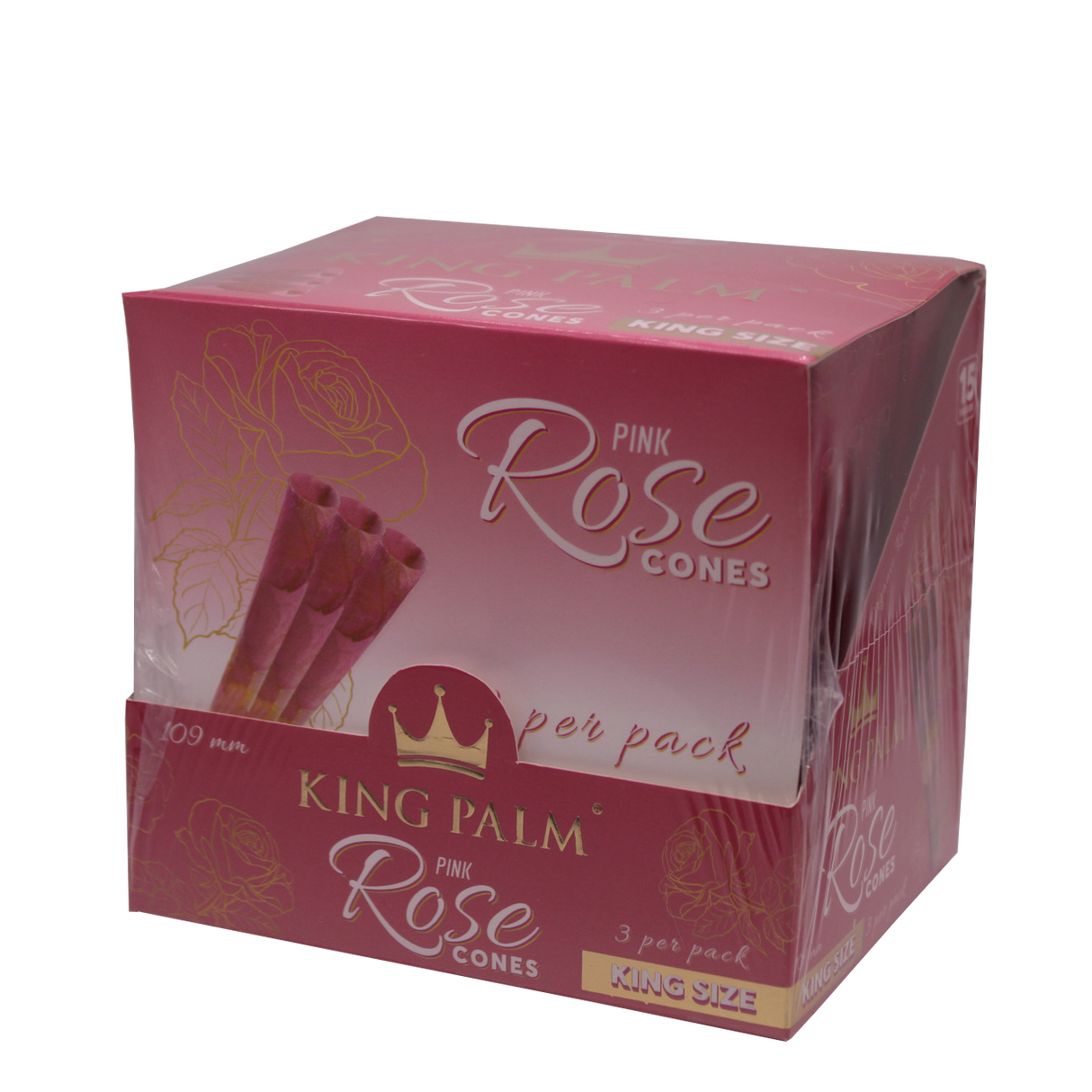 front view of the king palm rose pink cones. Using rose petals cleaned with purified water each smoke gives a sweet natural flavor.