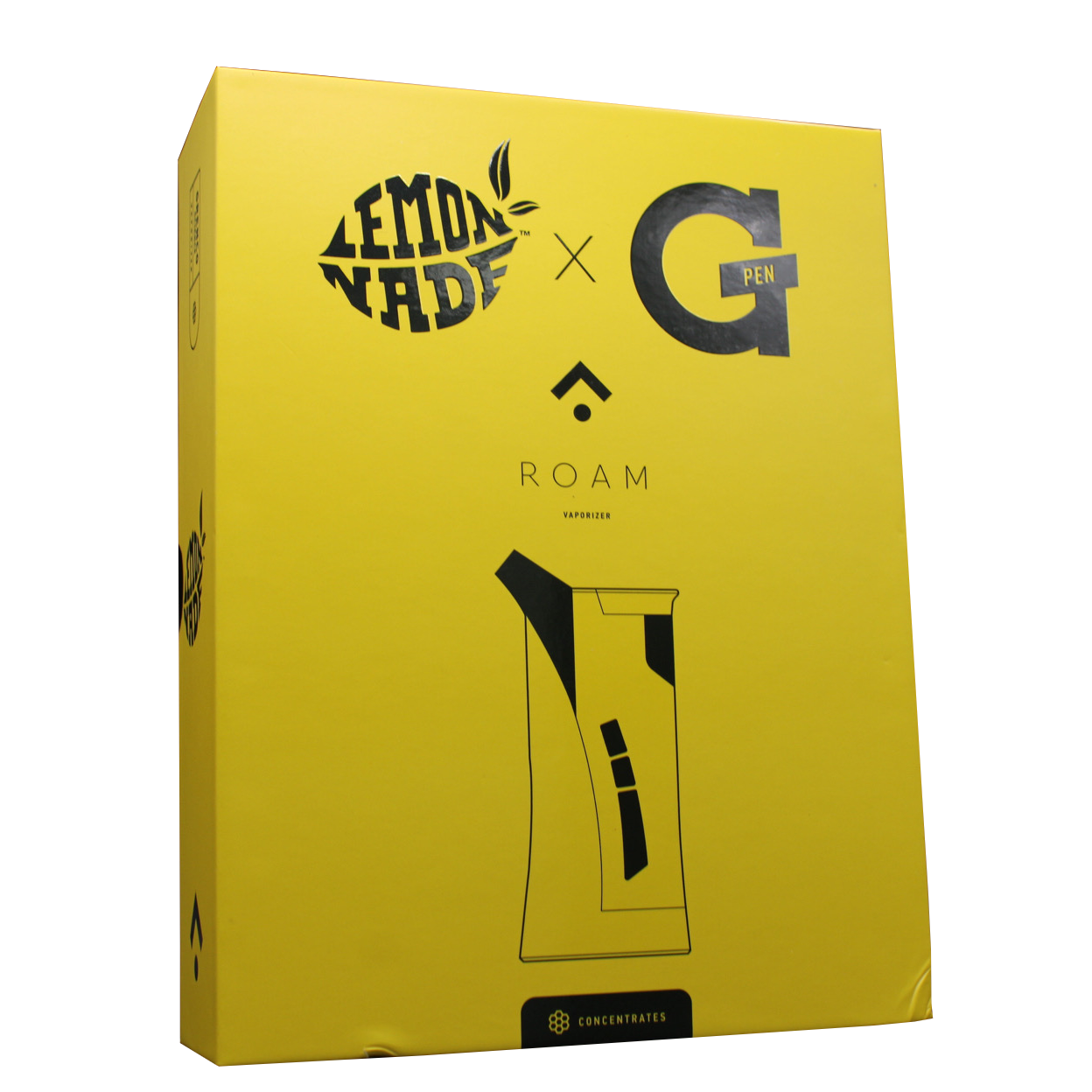 front package view of the G pen roam vaporizer. Made with desktop concentrate vape performance in a portable form for ease of use and in a yellow color scheme collaboration with lemonnade.