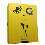 front package view of the G pen roam vaporizer. Made with desktop concentrate vape performance in a portable form for ease of use and in a yellow color scheme collaboration with lemonnade.