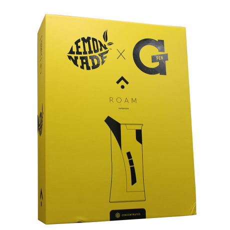 front package view of the G pen roam vaporizer. Made with desktop concentrate vape performance in a portable form for ease of use and in a yellow color scheme collaboration with lemonnade.