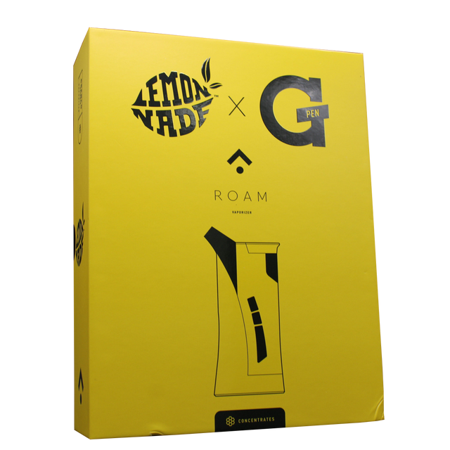 front package view of the G pen roam vaporizer. Made with desktop concentrate vape performance in a portable form for ease of use and in a yellow color scheme collaboration with lemonnade.