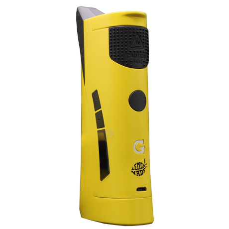 front view of the G pen roam vaporizer. Made with desktop concentrate vape performance in a portable form for ease of use and in a yellow color scheme collaboration with lemonnade.