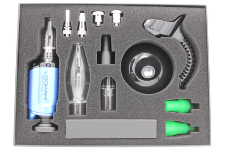 top view of the Lookah Seahorse X and all the attachments in the product, a multi use vaporizer that allows use as a concentrate vaporizer, concentrate straw, oil vaporizer, and e-nail. Made with a powerful battery for long term use.