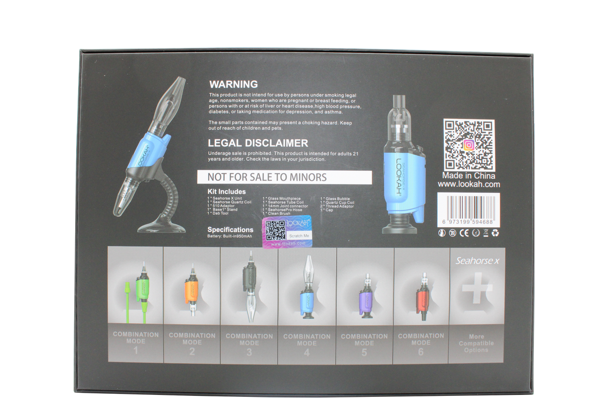 box view of the Lookah Seahorse X, a multi use vaporizer that allows use as a concentrate vaporizer, concentrate straw, oil vaporizer, and e-nail. Made with a powerful battery for long term use.