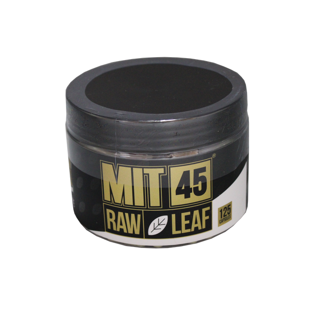 front view of the mit 45 raw leaf kratom 125 capsule jar. made from the raw leaf it give a motivating profile.
