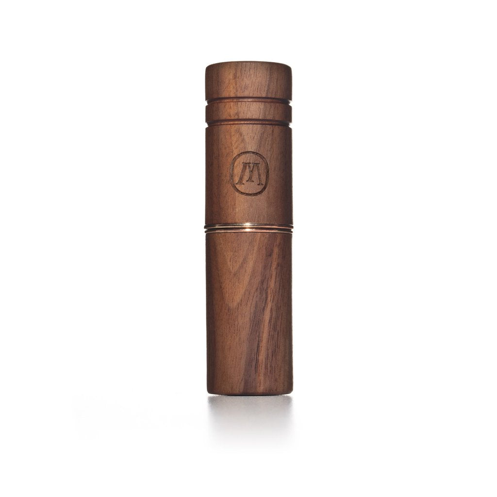front view of the Marley Natural travel case. Made of quality black walnut this container is sturdy and sealed from odors or weather.