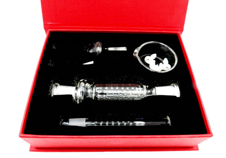 internal view of the Micro Nectar collector. red and gold carrying case with felt and the product. A compact straw that allows for you to enjoy your concentrates in a quick way directly from the container.