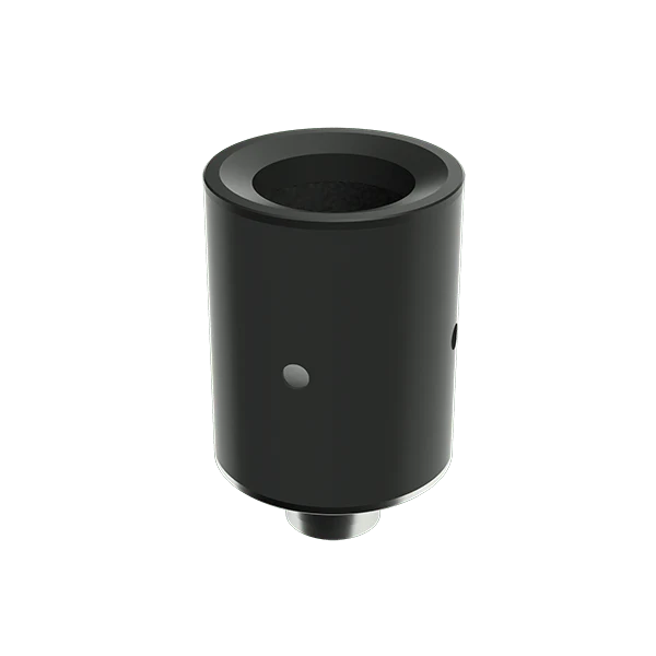 Angled top down view of the G Pen Micro+ vaporizer in black showing the food-grade silicone mouthpiece removed to reveal the heating tank. The innovative stainless steel tank utilizes a full ceramic heating plate and quartz liner to maximize vapor production.