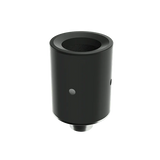 Angled top down view of the G Pen Micro+ vaporizer in black showing the food-grade silicone mouthpiece removed to reveal the heating tank. The innovative stainless steel tank utilizes a full ceramic heating plate and quartz liner to maximize vapor production.