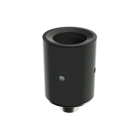 Angled top down view of the G Pen Micro+ vaporizer in black showing the food-grade silicone mouthpiece removed to reveal the heating tank. The innovative stainless steel tank utilizes a full ceramic heating plate and quartz liner to maximize vapor production.