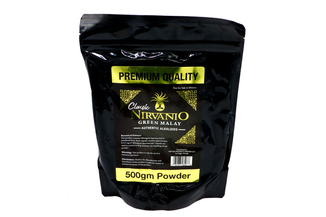 front view of the nirvanio green malay a kratom product for a low and long lasting relief feeling given. A high quality wellness product.