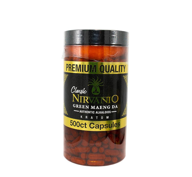 front view of the Nirvanio Green maeng da kratom capsules. A premium kratom product for relaxation.
