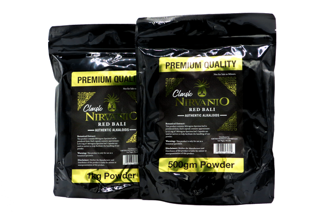 front view of the Nirvanio red bali powder in black bags. A product to help with mental peace and wellness.