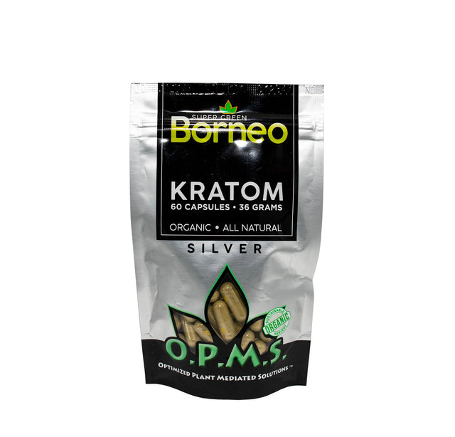 front view of O.P.M.S silver Super green borneo kratom capsules. An all natural product and the benchmark for purity and quality.