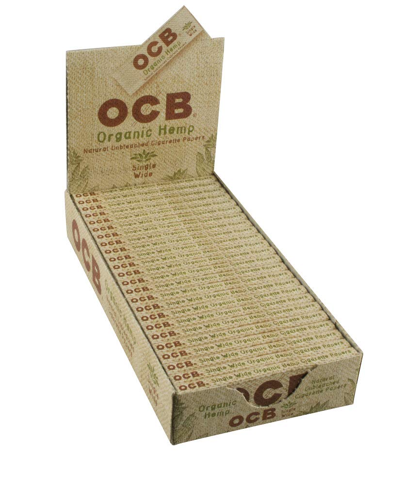 A view of the OCB virgin single wide rolling papers display box. An all natural rolling paper with gold standard quality.