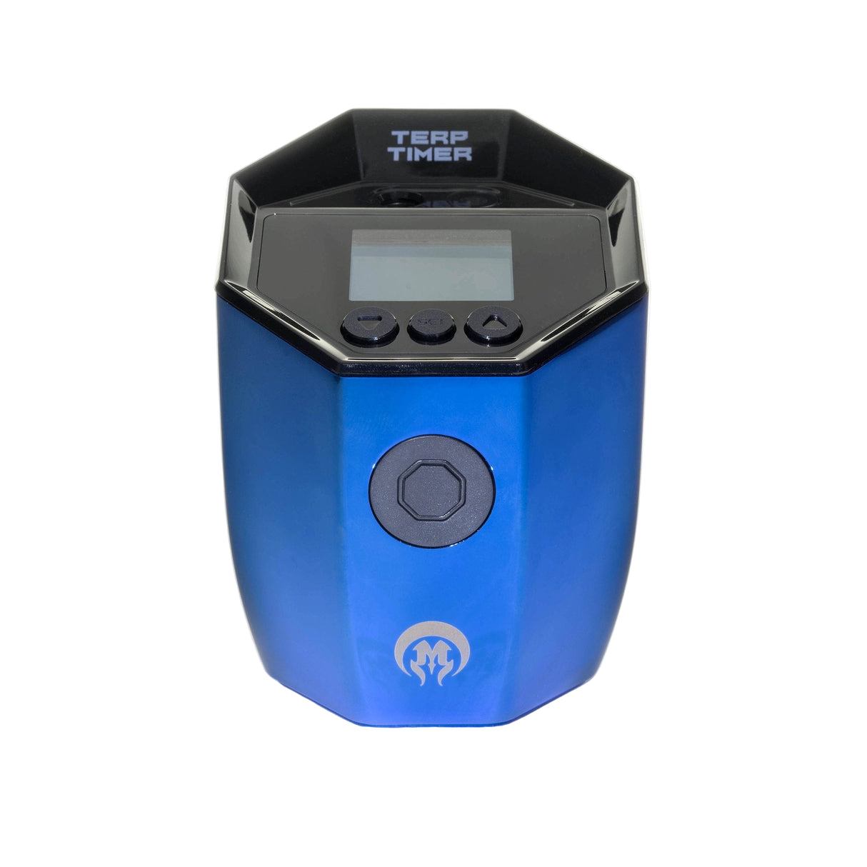 angled view of the Octave Terp Timer in a sapphire blue. A laser based thermometer for making sure you never burn your concentrates and comes with a long lasting USB chargeable battery.
