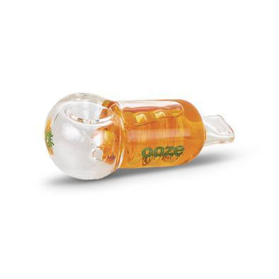 side view of the ooze cryo freezable orange glycerin pipe. A thick glass pipe filled with liquid glycerin for freezing to give a chilled and smooth smoking experience.