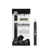 front view of the ooze fusion product and package in a matte black finish. A product built for multiple concentrate experiences with three interchangeable coils for different flavor profiles. and adjustable voltage.