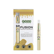 front view of the ooze fusion product and package in a gold finish. A product built with three interchangeable coils for different flavor profiles. An excellent choice for portable dabbing with a sleek and discrete profile.