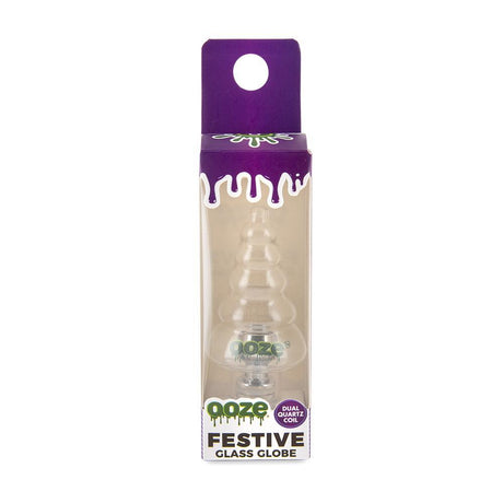 front view of the ooze festive glass globe atomizer and its purple packaging.