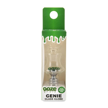 front view of the ooze genie glass globe atomizer and its green packaging.