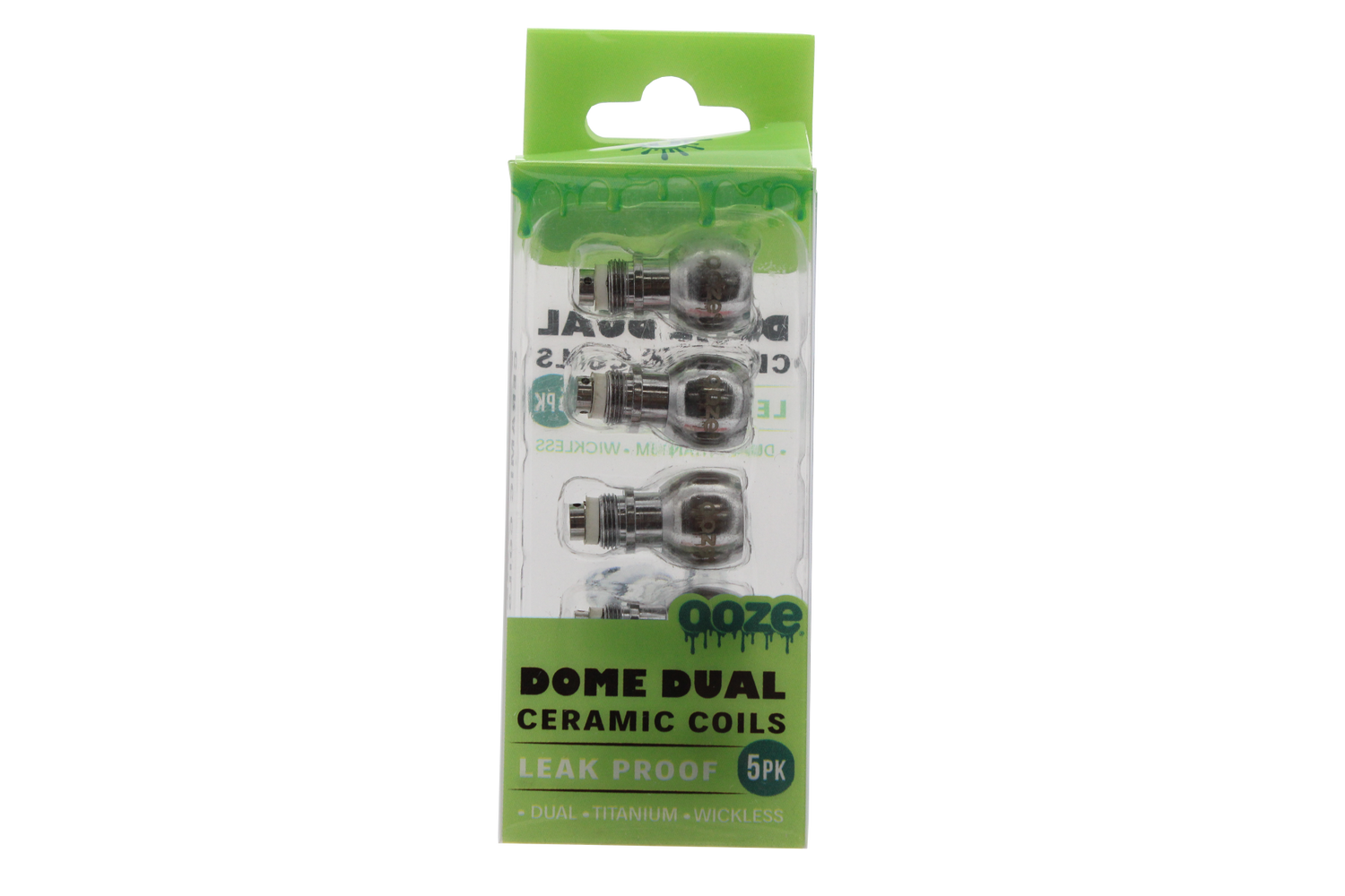 front view of the ooze dome dual ceramic coils. made from leak proof construction and durable titanium construction for revitalizing performance back to original standard.